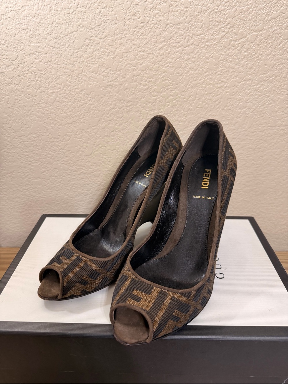Fendi Brown Monogram Peep-Toe Heels size 38/ 8 in excellent condition